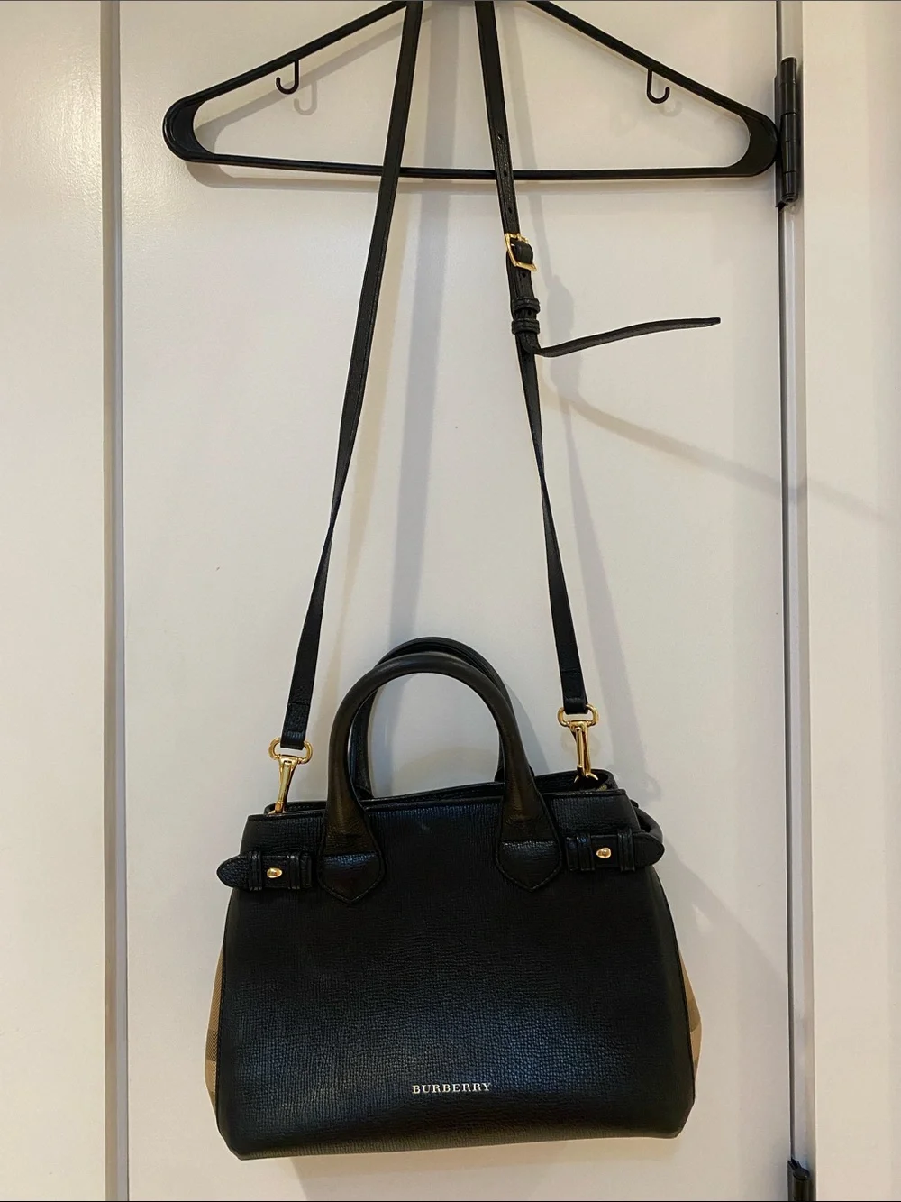 Burberry Black Leather Satchel with Tan Side Panels